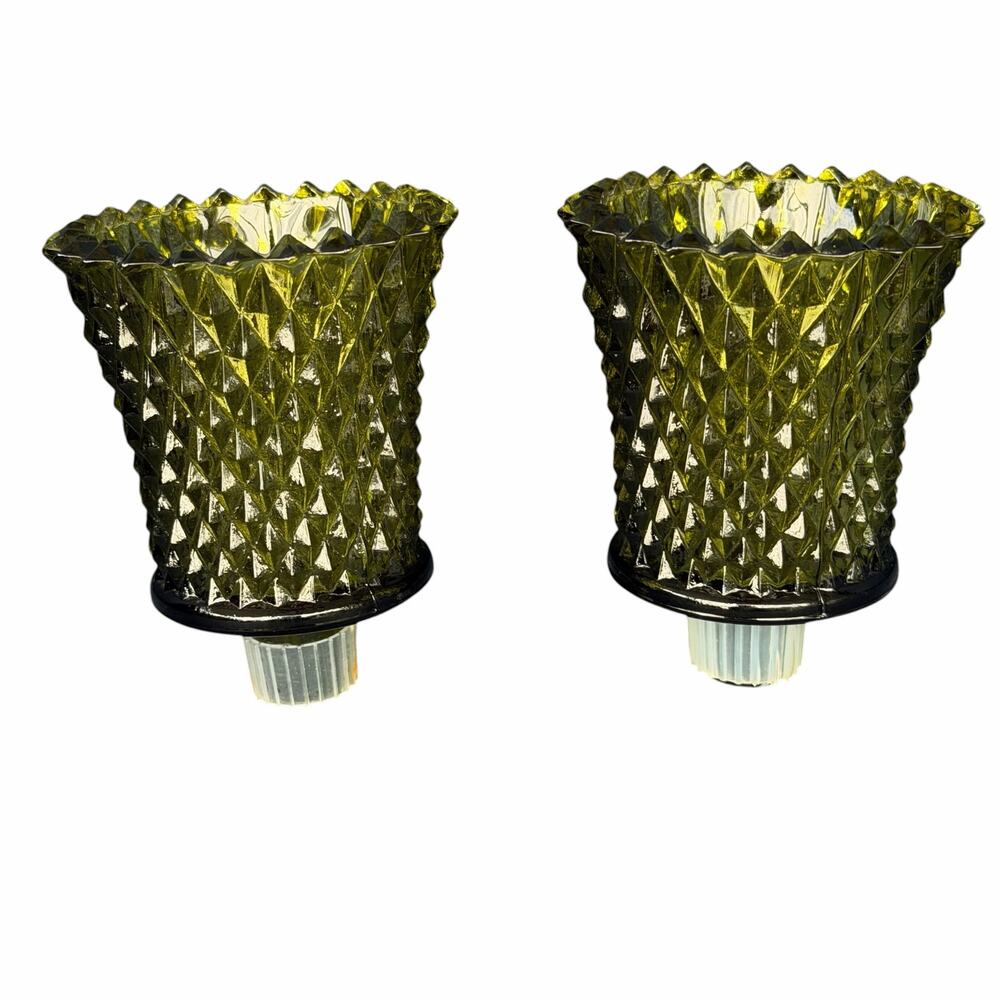 Vintage Diamond Cut Green Glass Peg Votive Candle Holder Homco Lot of 2 Olive